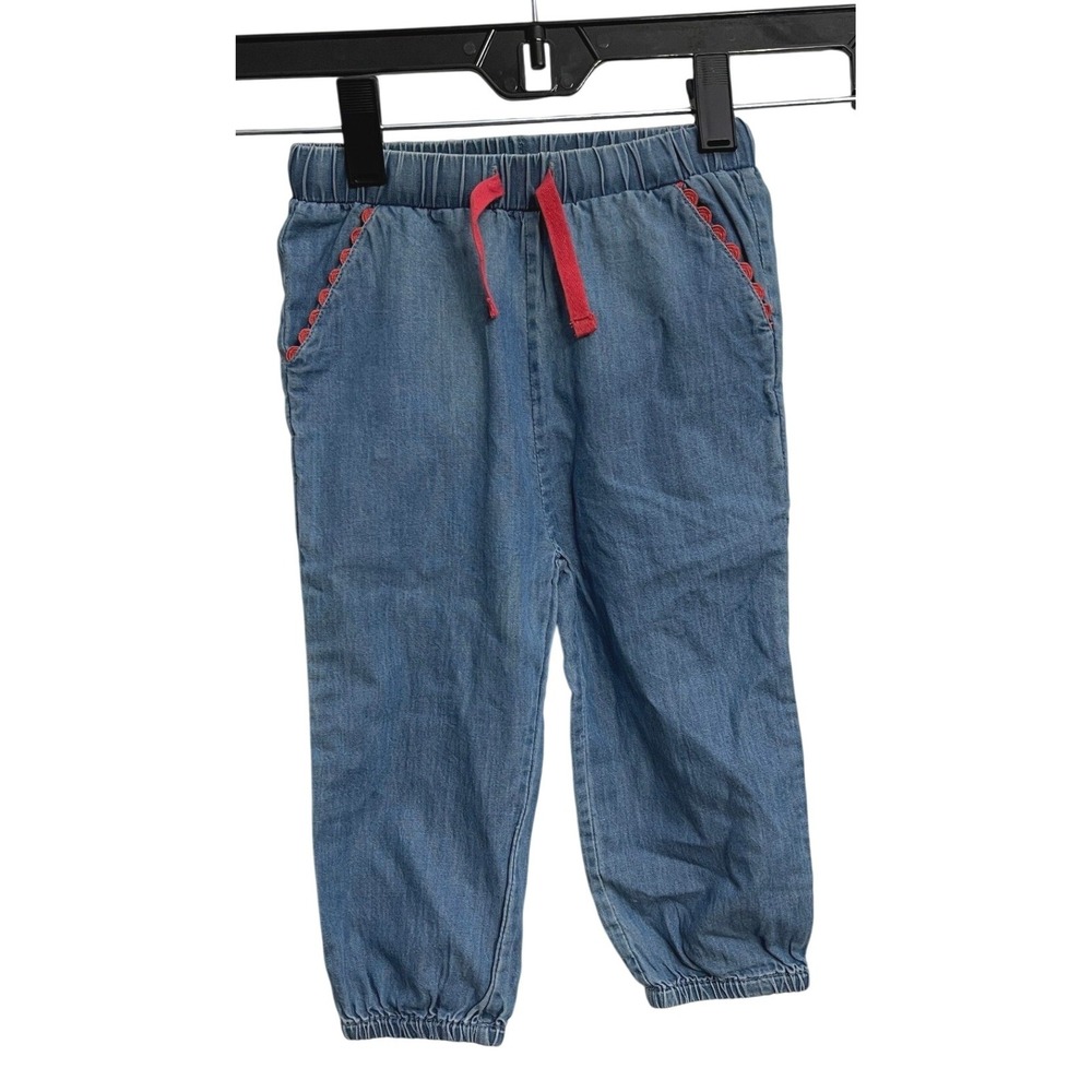Baby Boden Girls Denim Chambray Jogger Pants Blue Red Scallop Trim 18-24 Months